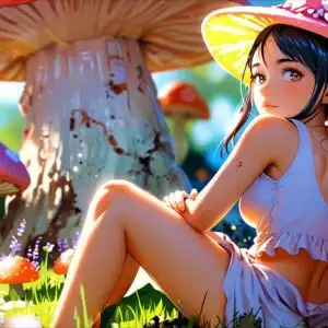 Cute Fairy Girl Sitting On Mushroom