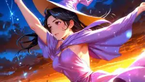 Cute Witch Girl Flying On Broom