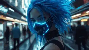 Cyberpunk Girl Neon Mask Blue Hair