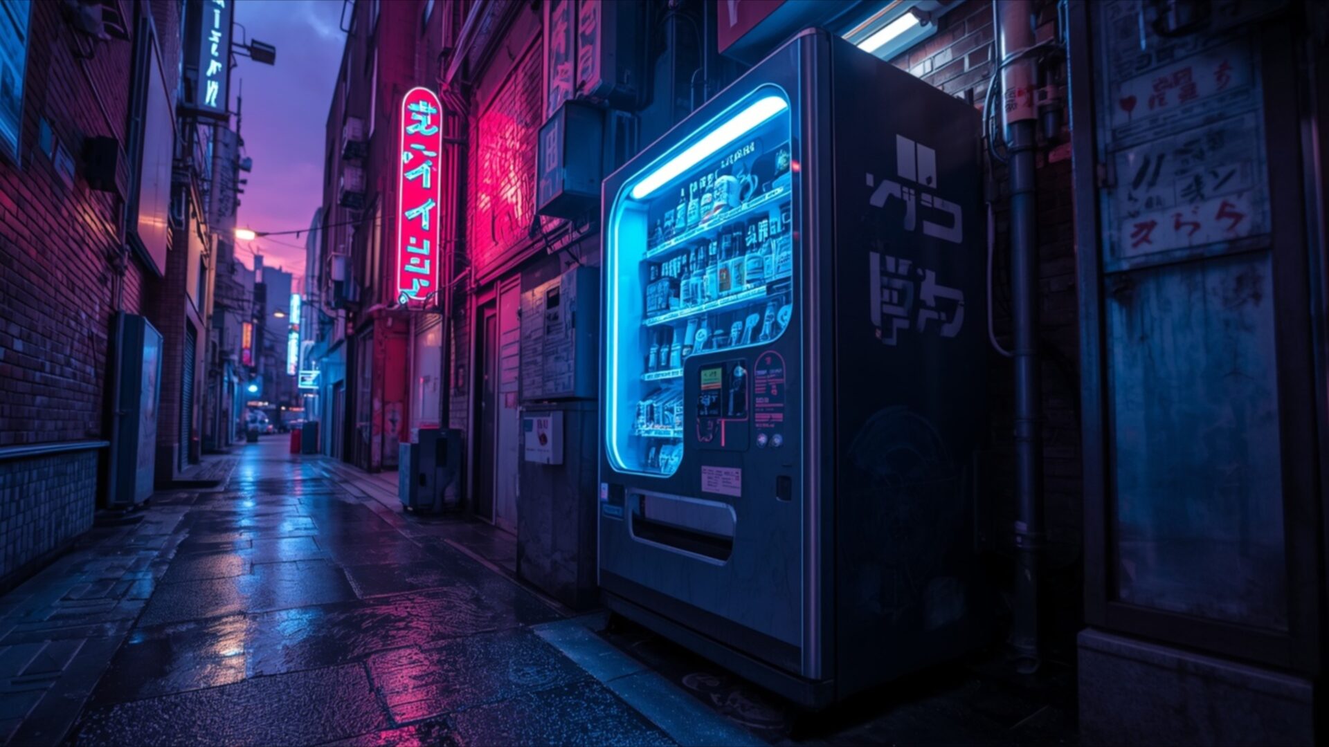 cyberpunk vending machine in alley wallpaper, aesthetic, aesthetic, alley, cyberpunk, japan, neon, night, vending machine, desktop, mobile, background