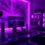 Dark Purple Gaming Setup With Glass Desk