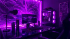 Dark Purple Gaming Setup With Glass Desk