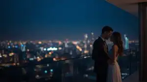 Distant City Lights Blurred Couple Balcony View Night