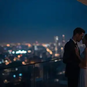 Distant City Lights Blurred Couple Balcony View Night