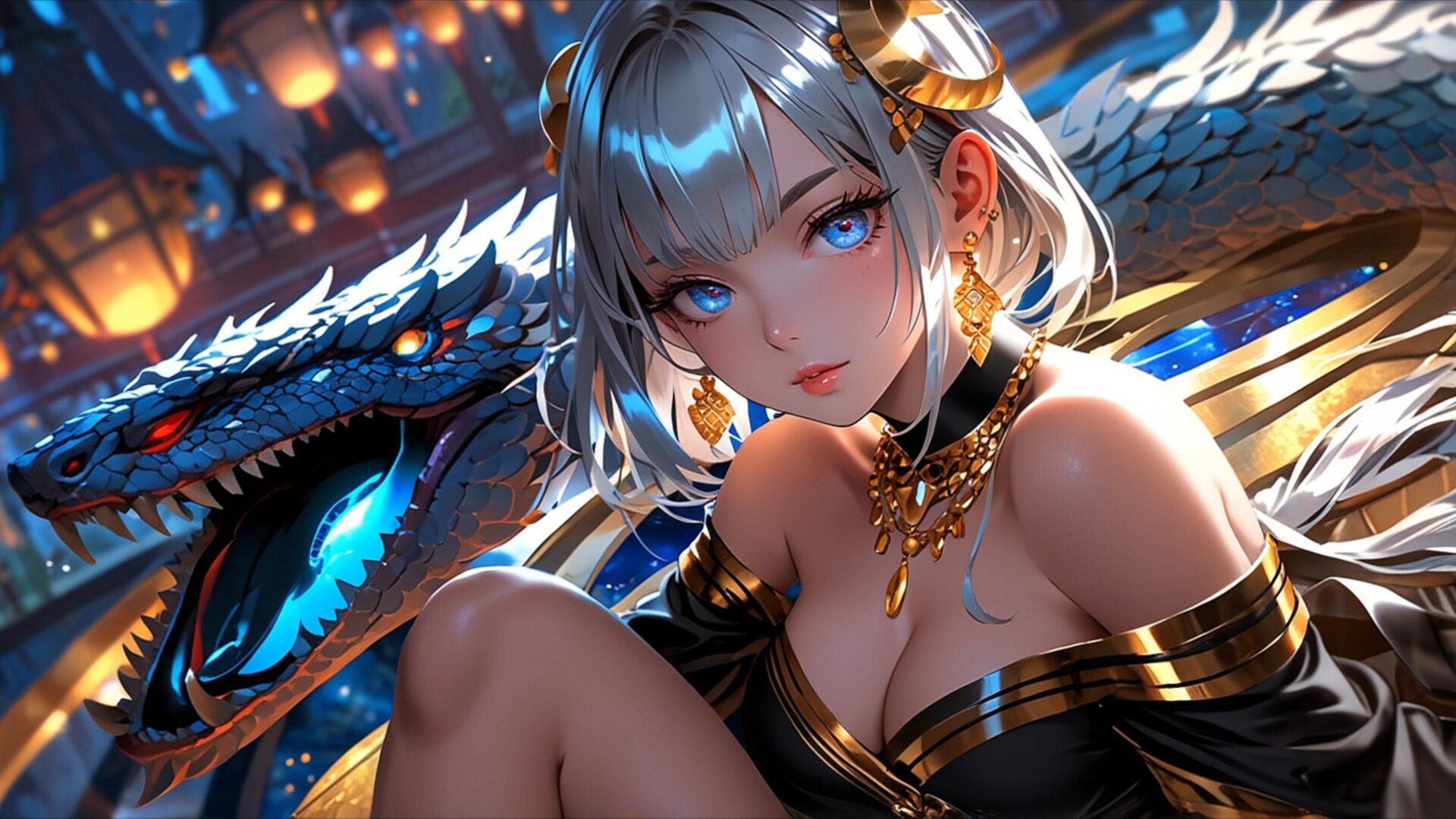 dragonfire moon guardian wallpaper, manga, anime fantasy, anime girl, blue dragon, blue eyes, celestial theme, detailed illustration, dragon companion, desktop, mobile, background