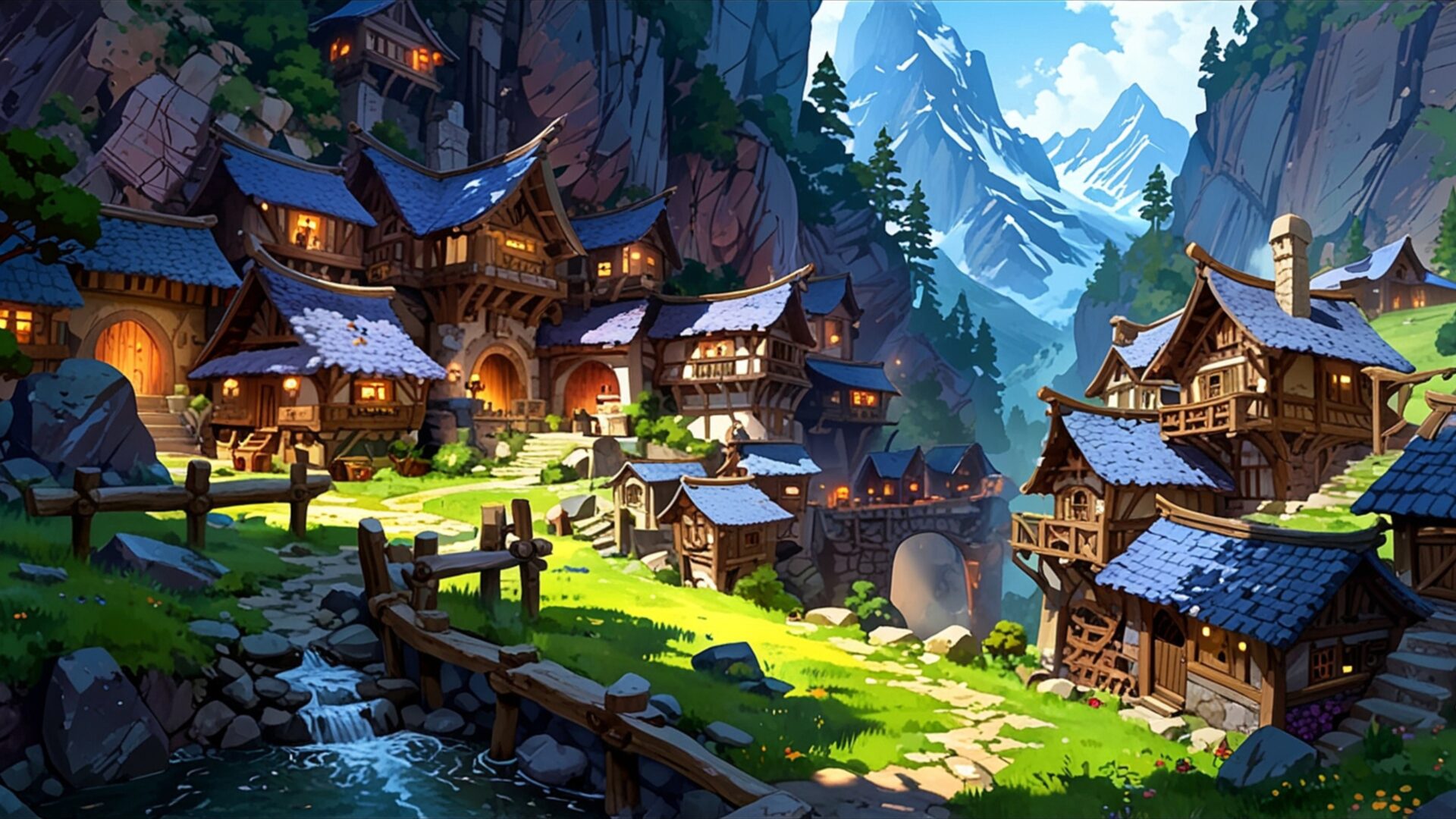 dwarf mining town under mountain wallpaper, fantasy, architecture, detailed, dwarf, fantasy race, mining town, under mountain, desktop, mobile, background