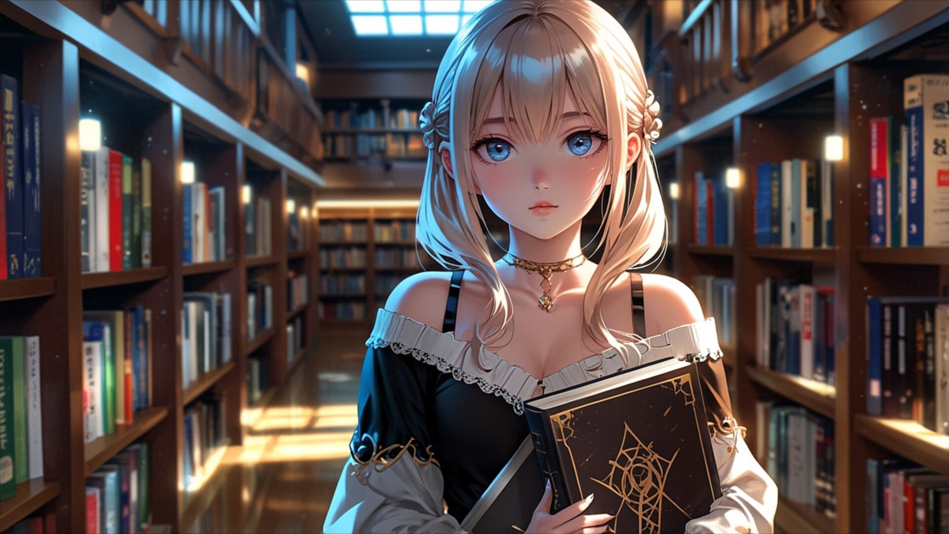 elegant anime girl in grand library wallpaper, manga, anime aesthetic, anime fantasy, anime girl wallpaper, anime portrait, anime study room, beautiful anime girl, blonde anime girl, desktop, mobile, background