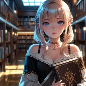 Elegant Anime Girl in Grand Library