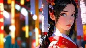 Elegant Geisha Girl In Red Kimono