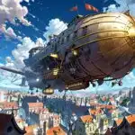 Floating Airship Over Steampunk City