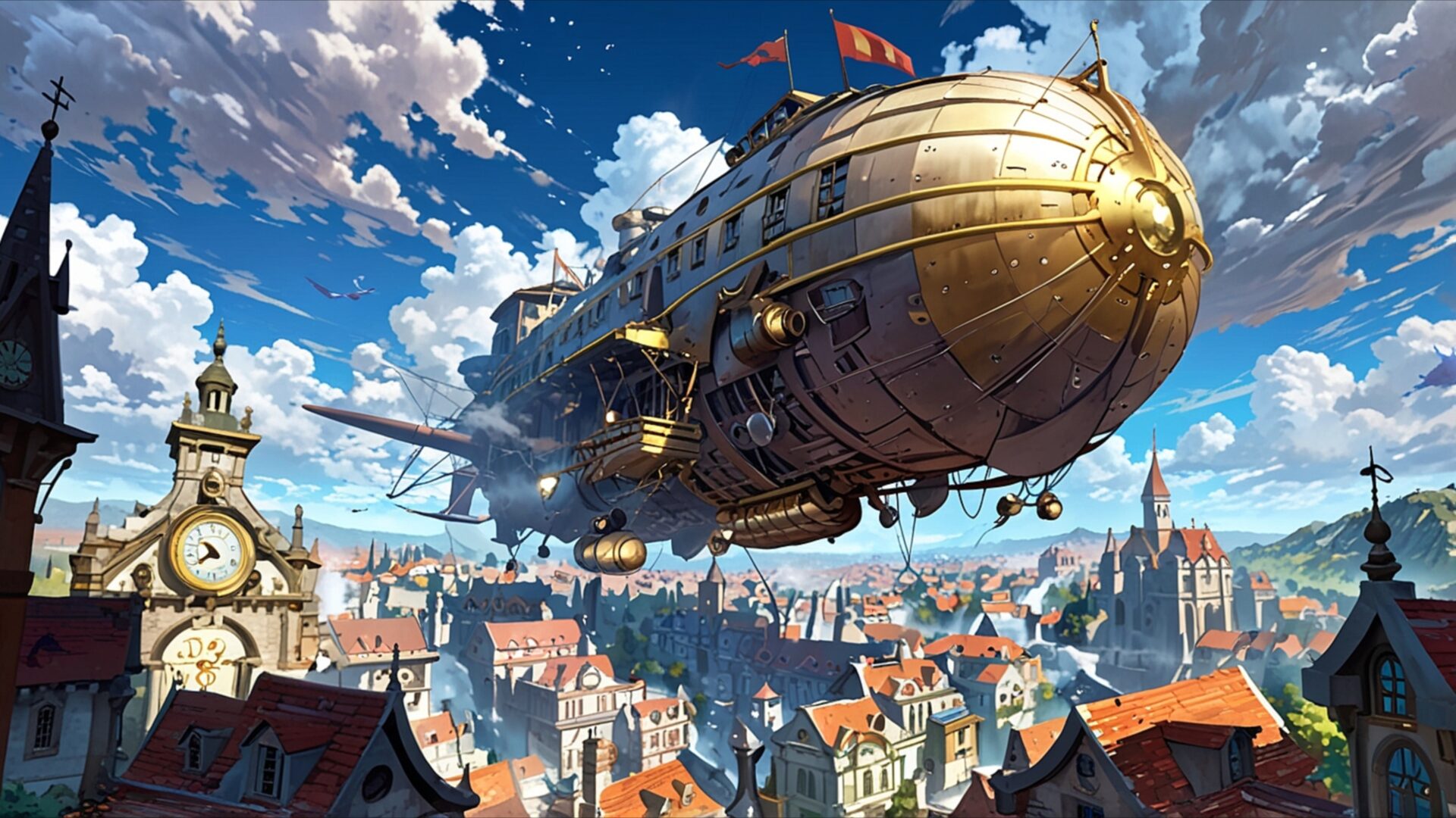 floating airship over steampunk city wallpaper, fantasy, city, fantasy, floating airship, invention, steampunk, victorian, desktop, mobile, background