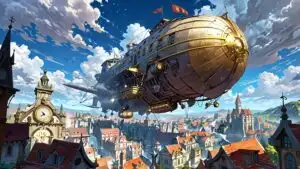 Floating Airship Over Steampunk City