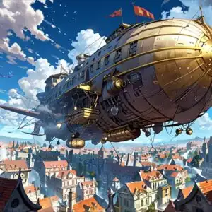 Floating Airship Over Steampunk City
