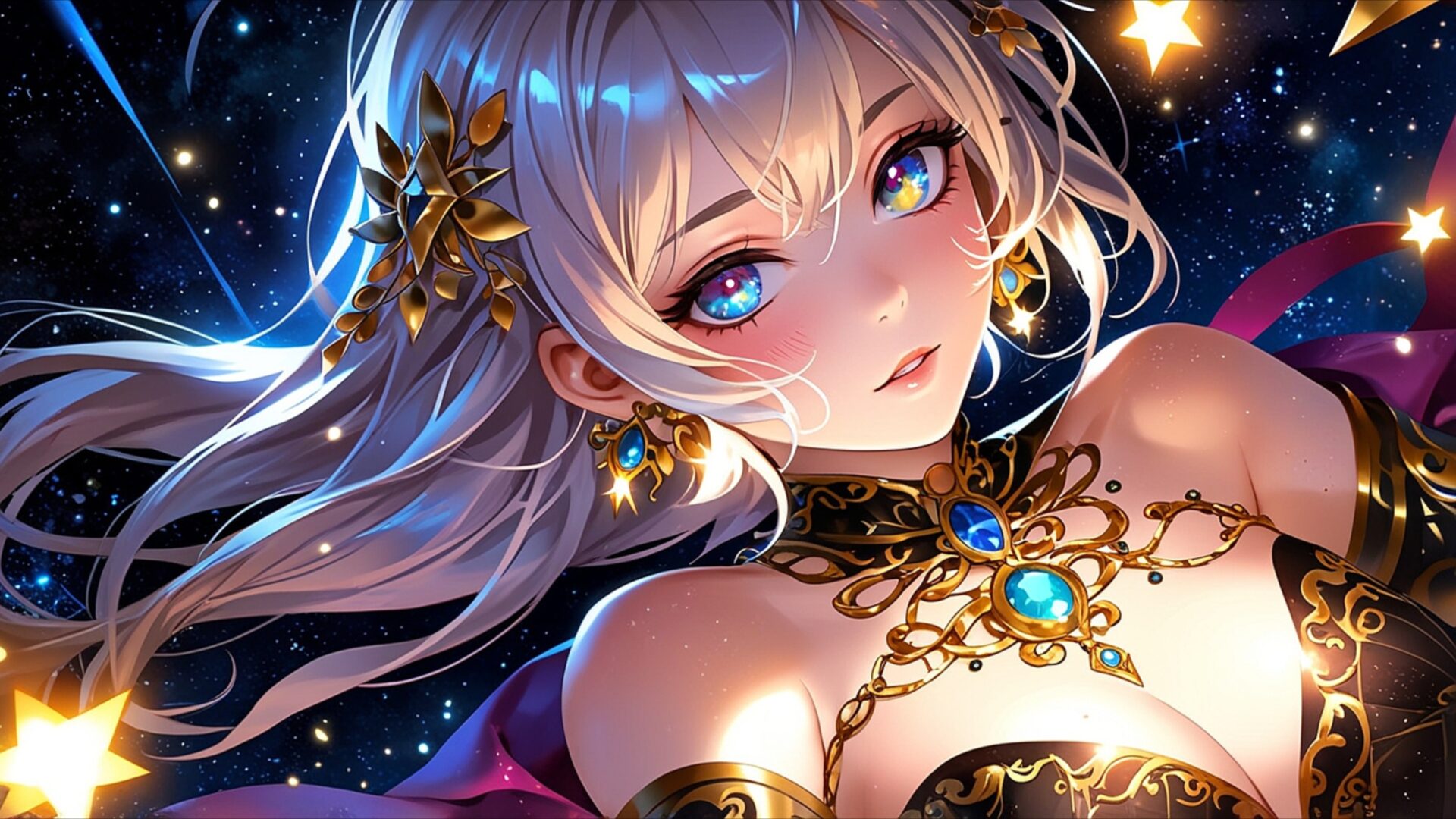 floating through the stars anime girl wallpaper, anime & games fantasy, 4k wallpaper, aesthetic wallpaper, anime art, anime girl wallpaper, anime stars, blue eyes anime, celestial girl, desktop, mobile, background