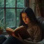 Girl Reading Book Cozy Rain Window