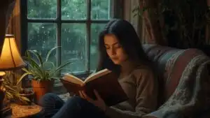 Girl Reading Book Cozy Rain Window