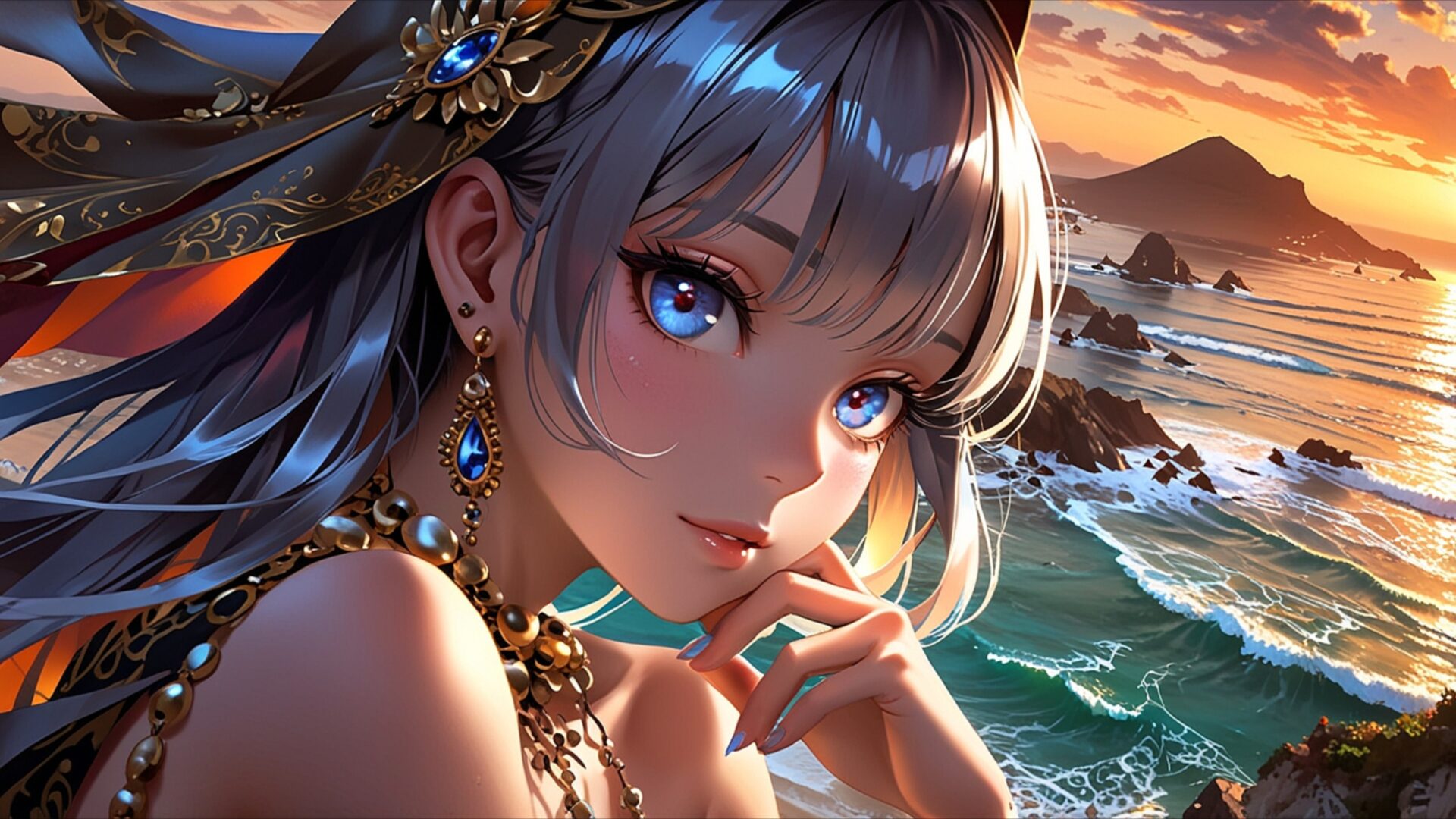 golden coast sunset girl wallpaper, anime & games fantasy, anime aesthetic, anime artwork, anime girl, beach anime, beautiful anime girl, blue eyes anime, coastal landscape, desktop, mobile, background