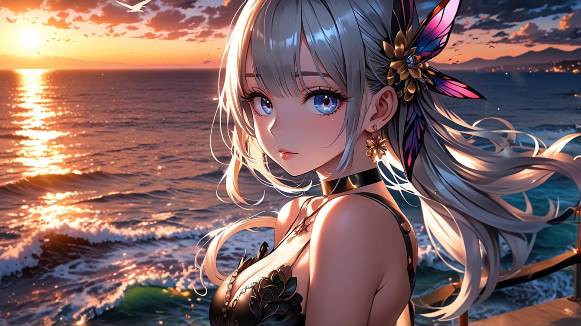 golden waves at sunset wallpaper, anime & games fantasy, anime art, anime beach girl, anime girl wallpaper, anime ocean view, anime scenery, anime seaside, beach wallpaper, desktop, mobile, background