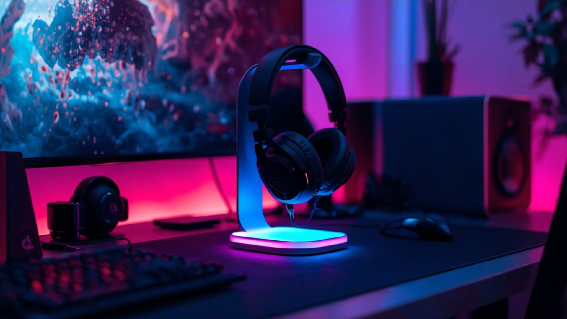 headphone stand with led base wallpaper, gaming & esports, accessories, clean setup, gamer desk, headphone stand, led glow, neon scene, rgb base, desktop, mobile, background