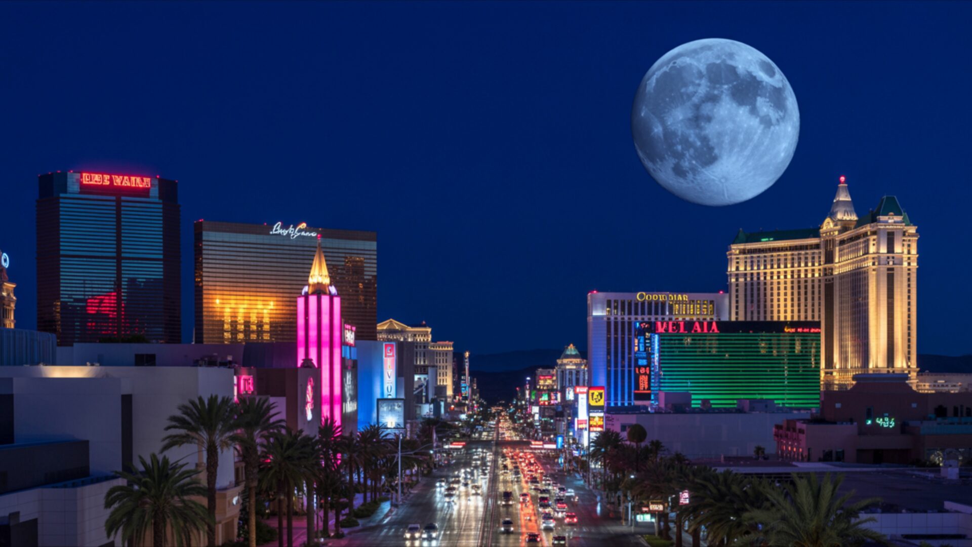 las vegas strip full moon night wallpaper, cities & architecture, cityscape, full moon, iconic city, las vegas, moonlight, neon lights, night, desktop, mobile, background