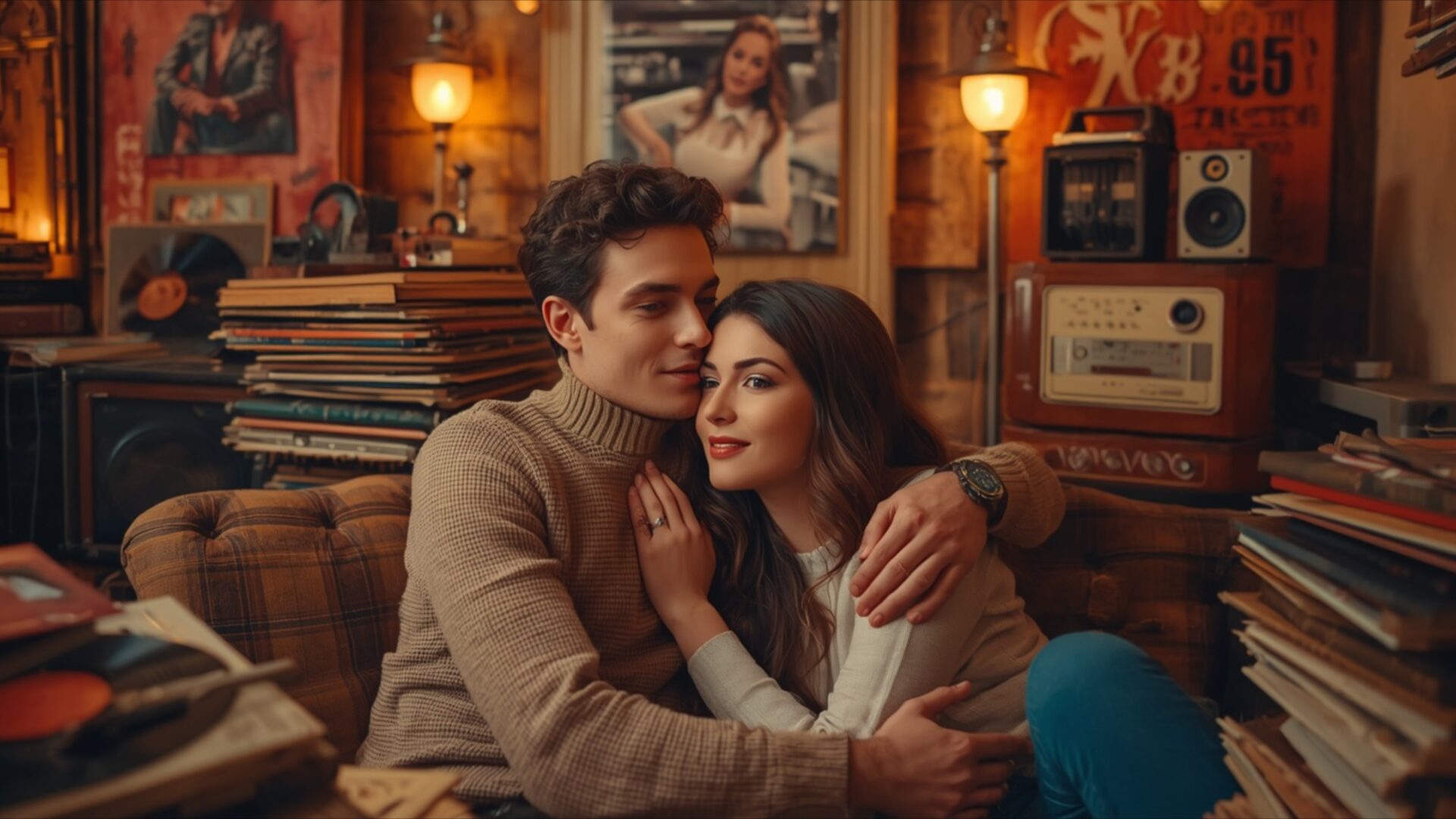 love in the vinyl listening room wallpaper, love & couples, couple, love, retro, room, vinyl, desktop, mobile, background