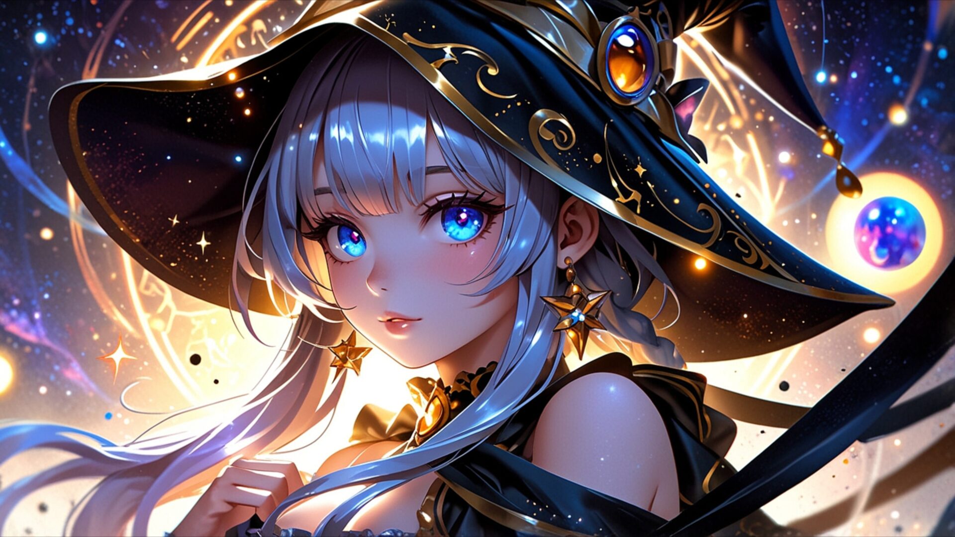 mage girl celestial magic wallpaper, anime, anime, cosmic, fantasy, mage girl, spell, stars, desktop, mobile, background