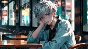 Manga Boy Sitting Alone in Café Corner