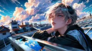 Manga Boy Watching Clouds from Rooftop
