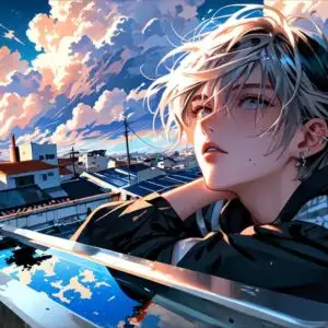 Manga Boy Watching Clouds from Rooftop