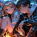 Manga Couple Sitting by Campfire Night