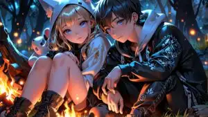 Manga Couple Sitting by Campfire Night
