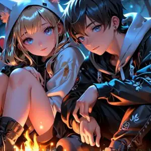 Manga Couple Sitting by Campfire Night