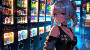 Manga Girl Standing by Vending Machine Night