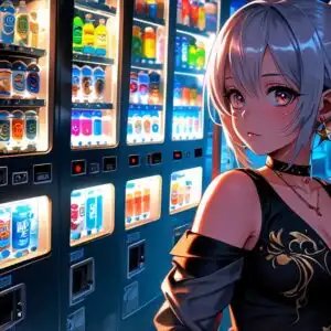 Manga Girl Standing by Vending Machine Night