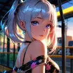Manga Girl Waiting at Bus Stop Sunset