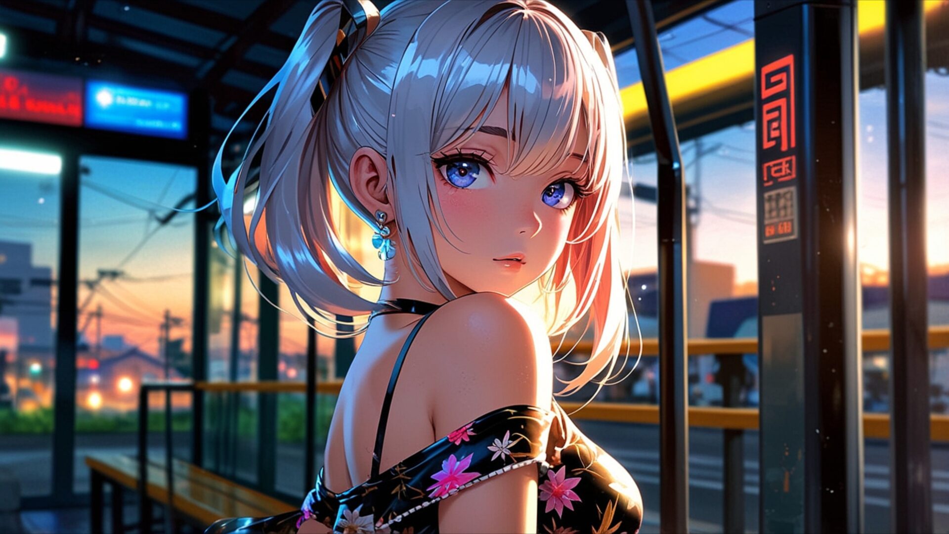 manga girl waiting at bus stop sunset wallpaper, manga, anime bus stop sunset, manga city evening, desktop, mobile, background