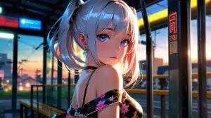 Manga Girl Waiting at Bus Stop Sunset