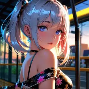 Manga Girl Waiting at Bus Stop Sunset