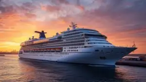 Massive Cruise Ship Leaving Port at Sunset