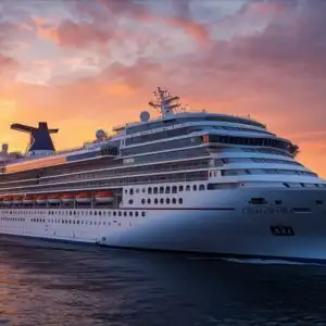 Massive Cruise Ship Leaving Port at Sunset