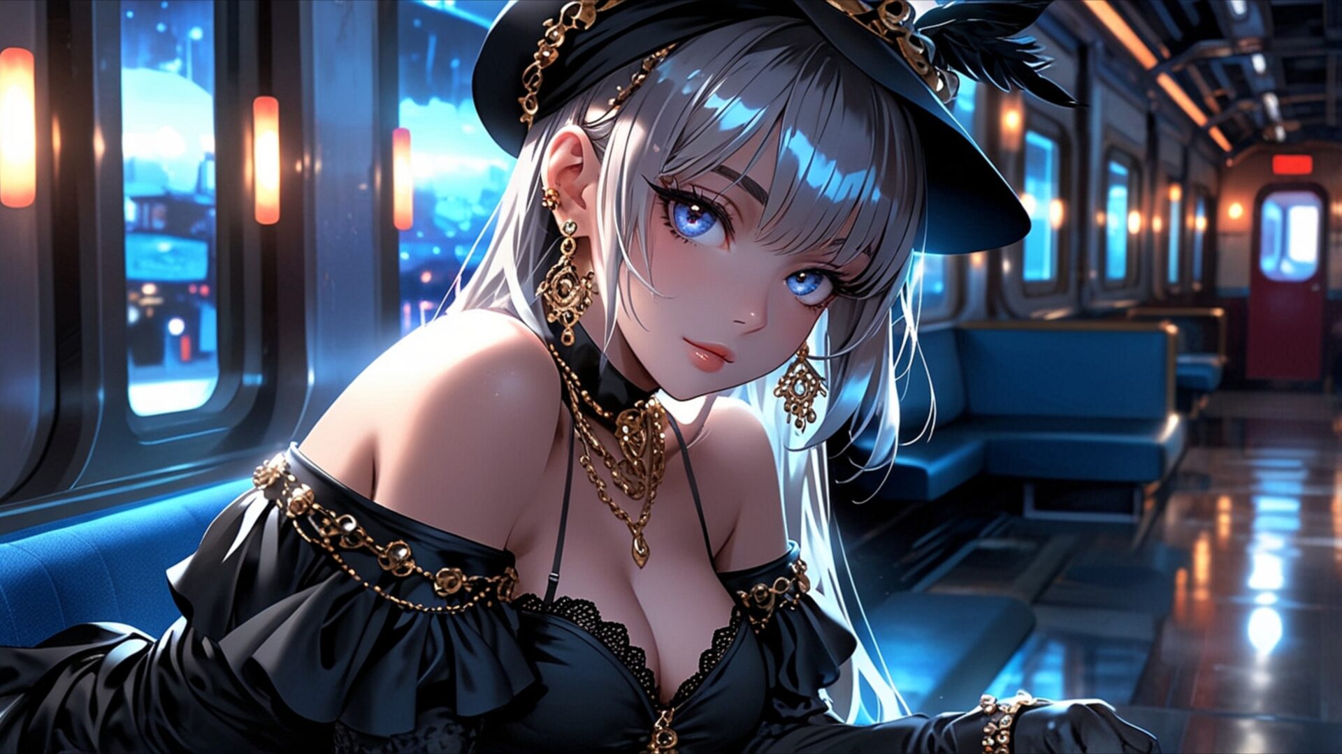 midnight journey reflections wallpaper, manga, aesthetic wallpaper, anime artwork, anime girl, beautiful girl, blue eyes, cinematic anime, detailed face, desktop, mobile, background