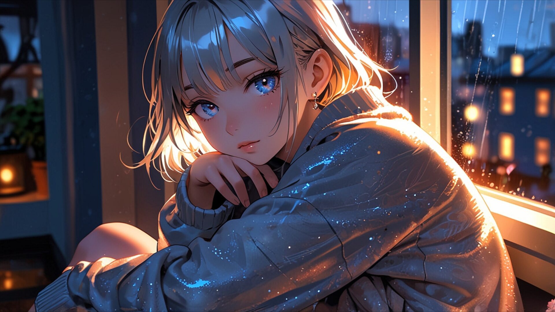 midnight window dreams wallpaper, anime & games fantasy, ambient artwork, anime aesthetic, anime girl, anime wallpaper, blue eyes, calm emotions, chill vibes, desktop, mobile, background
