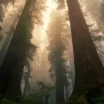 Misty Redwood Forest Towering Trees View