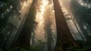 Misty Redwood Forest Towering Trees View