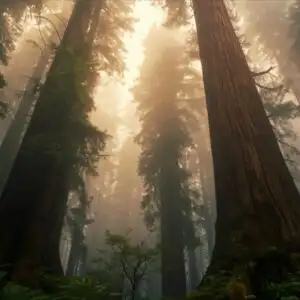 Misty Redwood Forest Towering Trees View