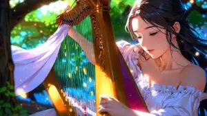 Moonlit Girl Playing Harp