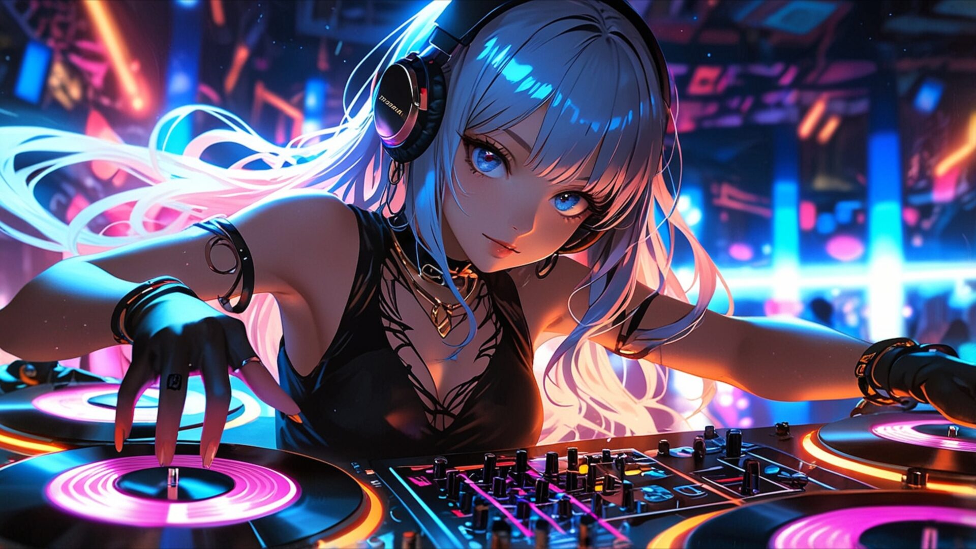 neon pulse dj wallpaper, anime, aesthetic anime girl, anime dj girl, blue eyes anime girl, colorful anime wallpaper, cyberpunk anime girl, electronic music wallpaper, electronic vibes, desktop, mobile, background