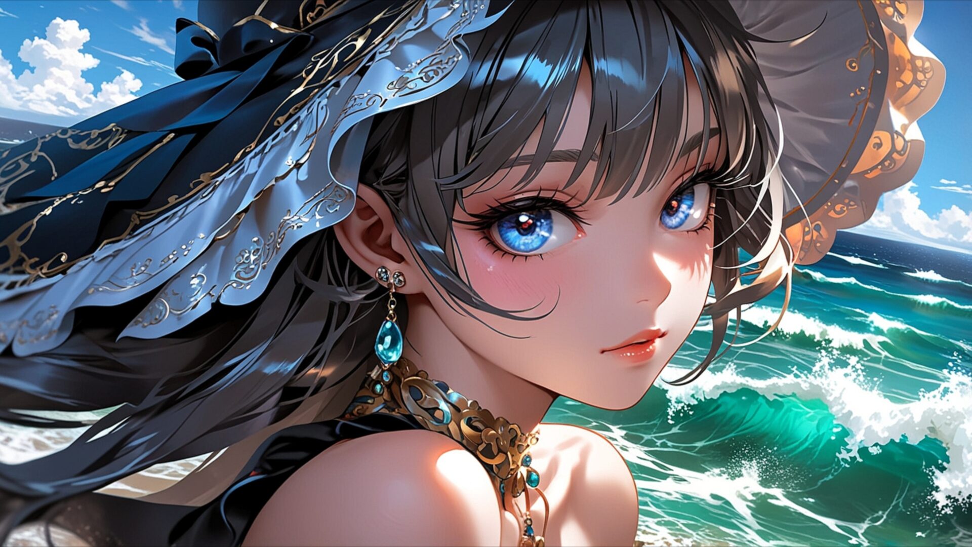 ocean breeze serenity wallpaper, manga, anime girl, anime portrait, anime wallpaper, beach girl, beach scenery, beautiful girl, blue eyes, desktop, mobile, background