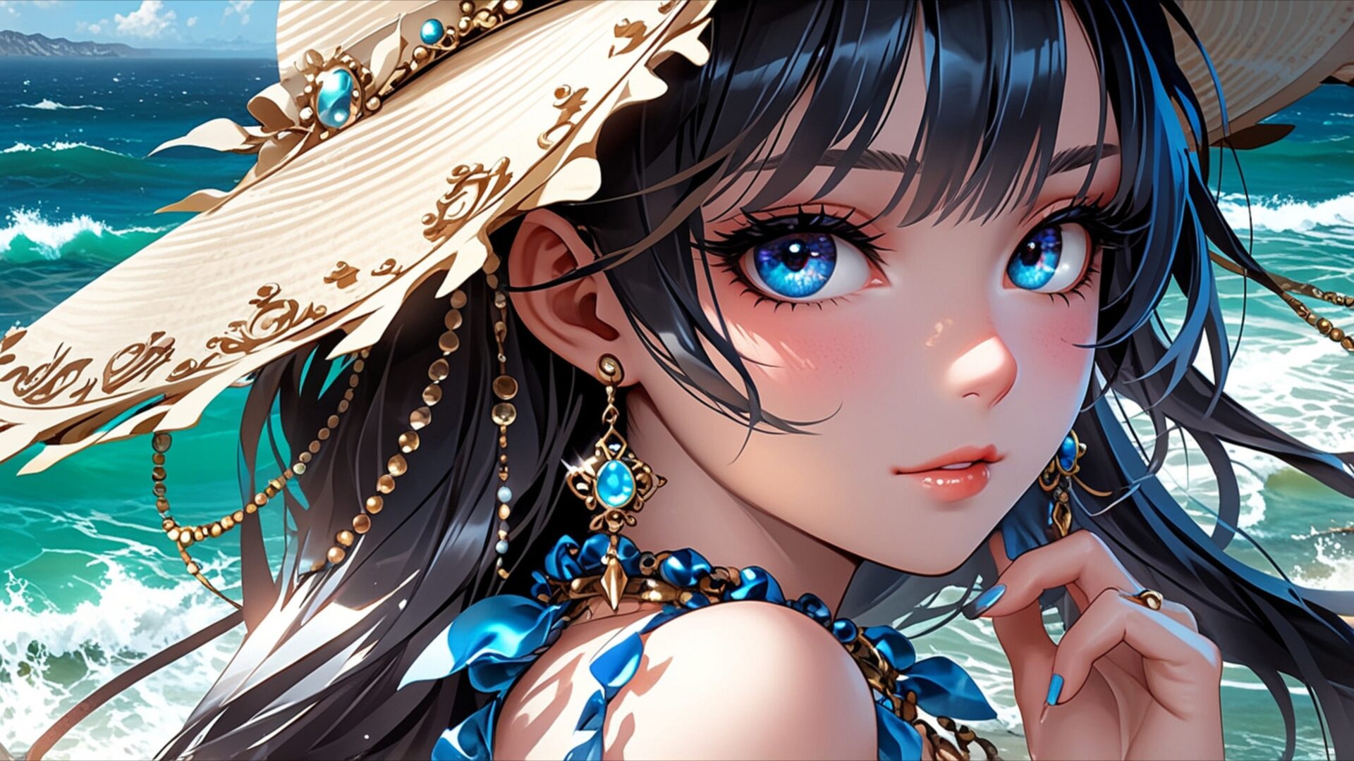 ocean breeze summer beauty wallpaper, anime & games fantasy, anime art, anime character, anime girl, beach girl, beautiful girl, blue eyes, coastal landscape, desktop, mobile, background