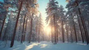 Pine Forest Snow Covered Ground Winter Sun